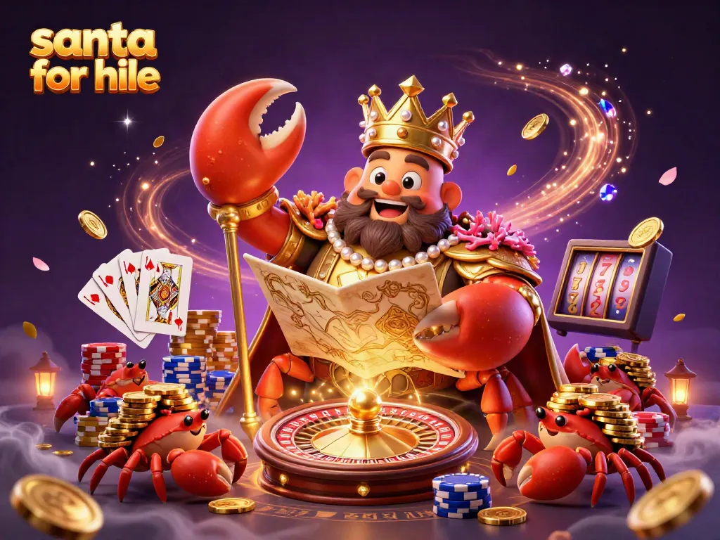 Experience a vibrant scene of "santa for hire," featuring a golden crab emperor amidst a casino celebration with colorful poker chips.