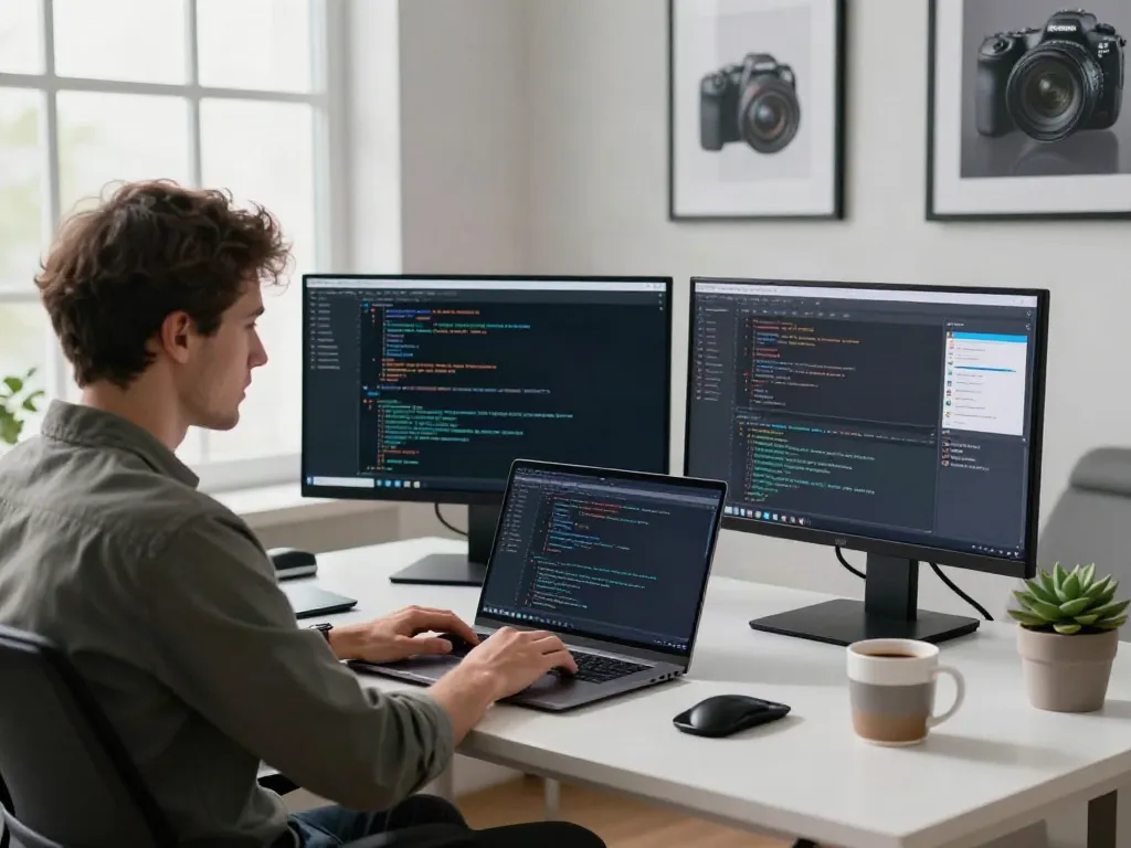 v2rayN官网 software development workspace with coding screens and tech decor