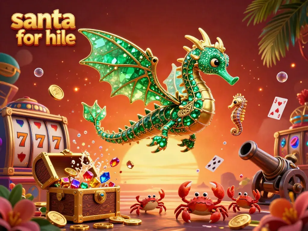 Engaging scene featuring 'santa for hire' in a vibrant casino backdrop with animated slot reels and festive elements.