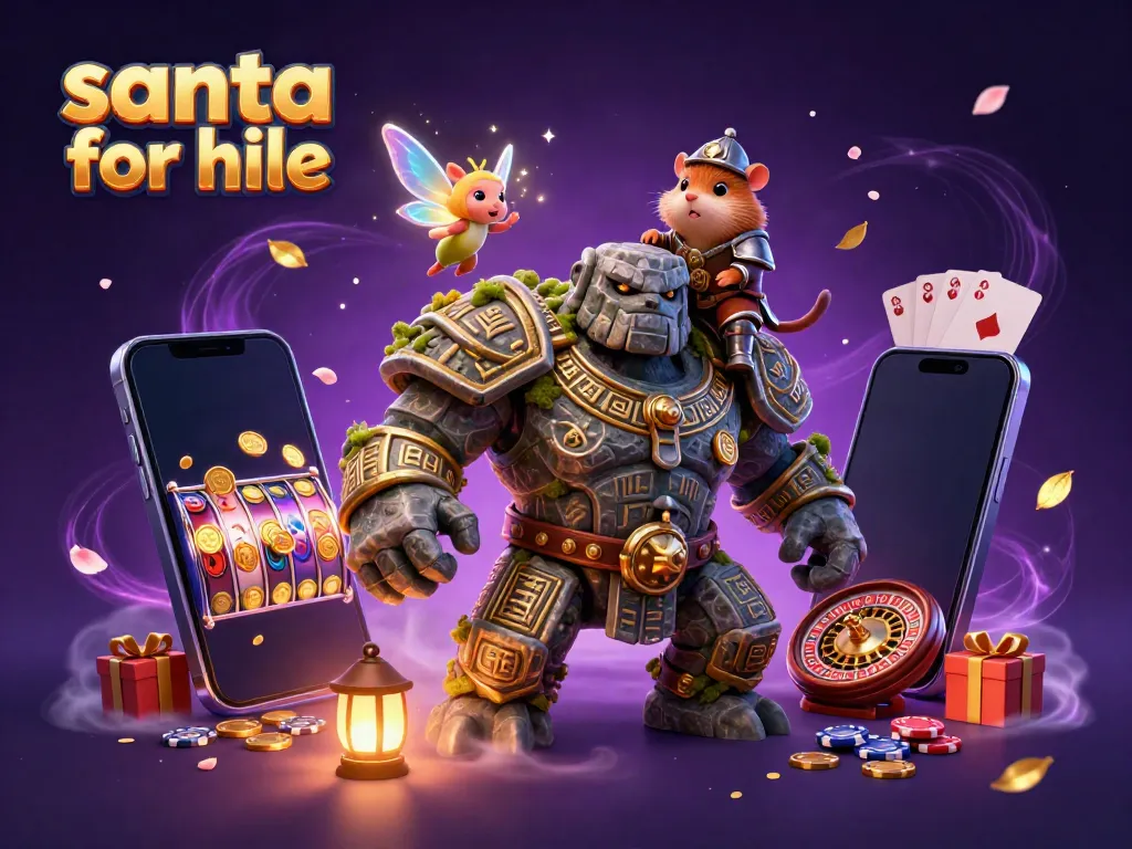 Engage with santa for hire through this festive casino scene combining magic and gaming elements.