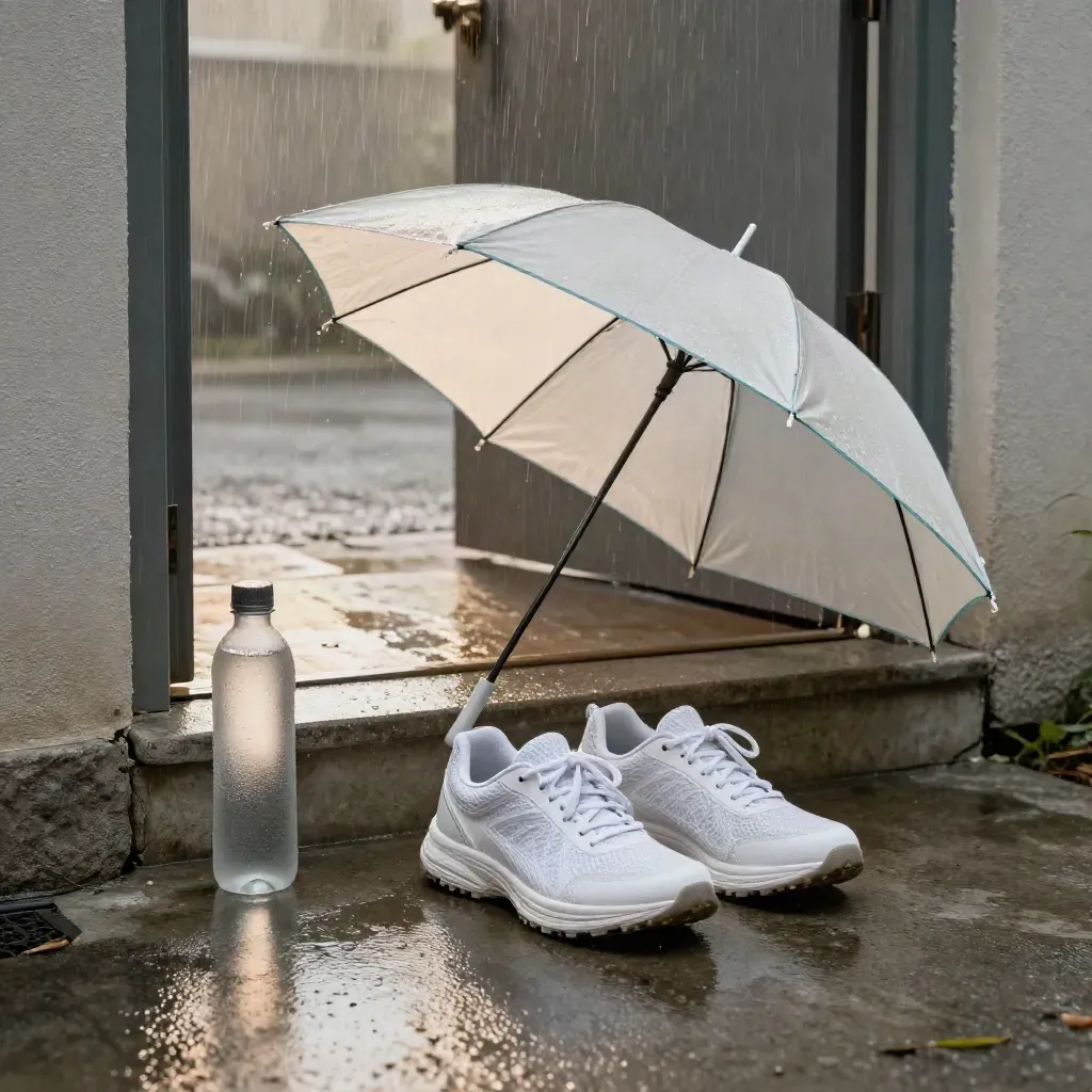 Wet walking sneakers, umbrella and water bottle by a concrete step after rain.