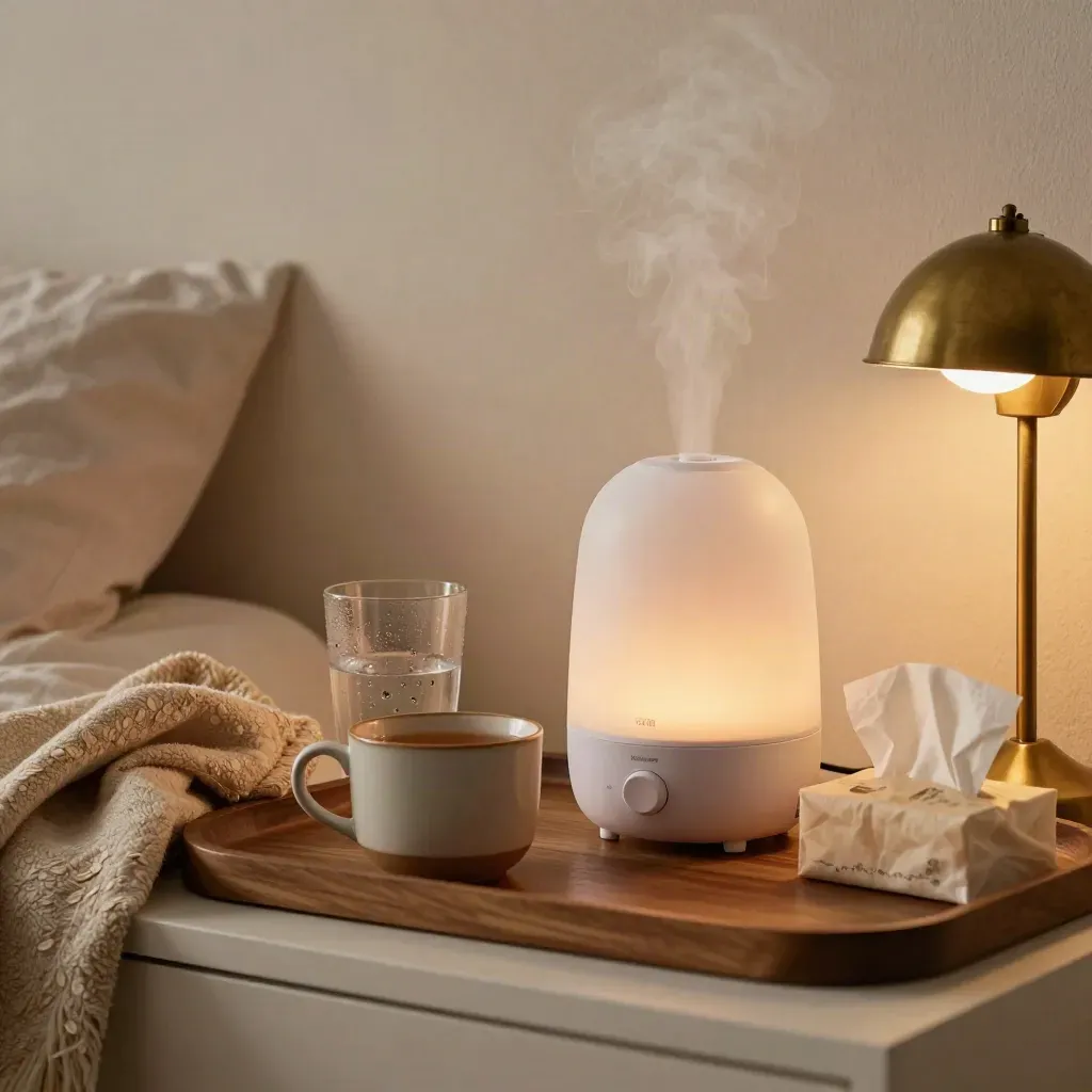 Nightstand care items beside a softly steaming humidifier and lamp in a cozy evening bedroom.