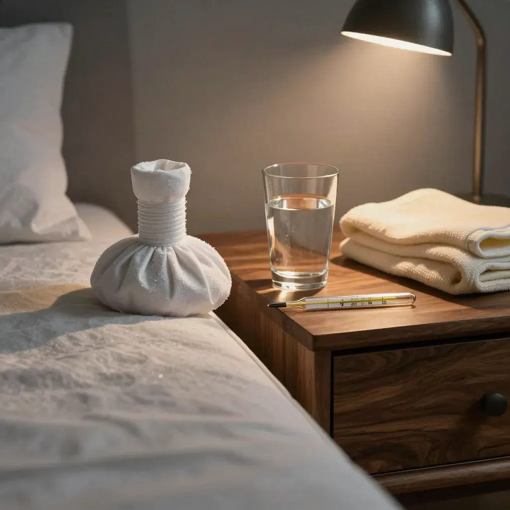 Bedside fever-care setup with compress, water glass, thermometer, blanket, and dim lamp in cool mist.