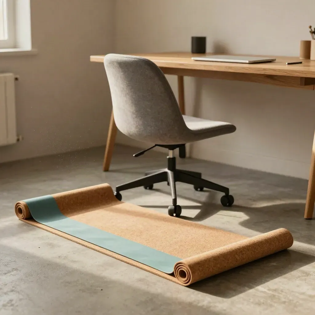 Office chair, rolled mat, and teal resistance band on a clean floor in soft afternoon light.
