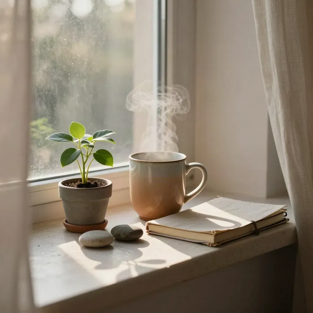 Sunrise mood corner with plant, mug, stones, and closed notebook on a stone ledge.