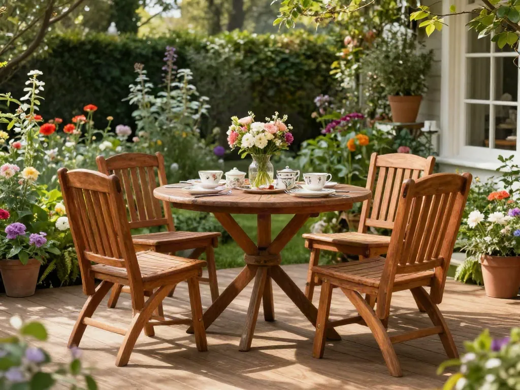 Beautiful Charles Taylor Garden Seating set on a sunlit deck surrounded by flowers.