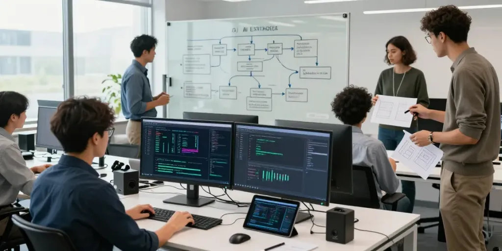 Team collaborating on enterprise AI solutions in a modern workspace