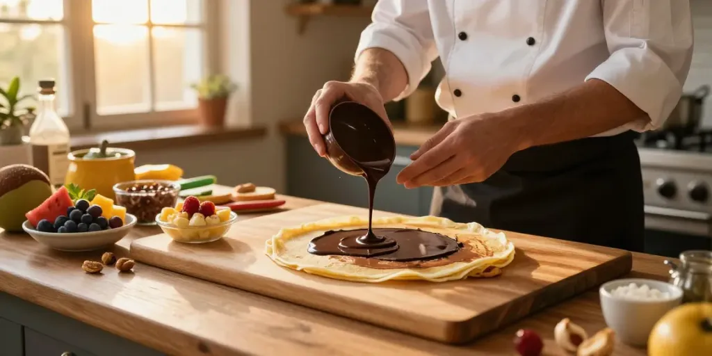 Delicious rokok88 crepes with dark chocolate drizzled in a warm kitchen setting.